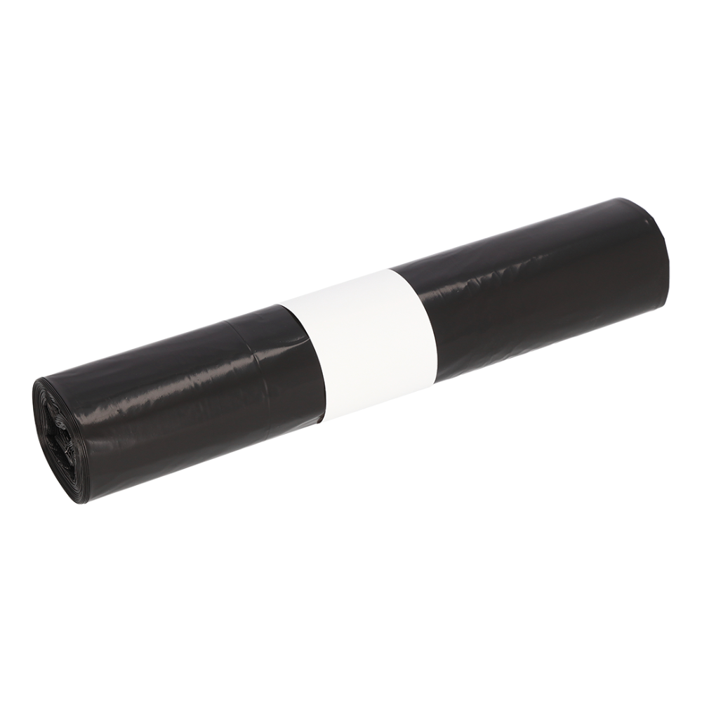 A rolled-up DEISS LDPE garbage bag 35 liters black from EMIL DEISS KG (GmbH + Co.) made of tear-resistant LDPE features a white label wrapped around the middle on a flawlessly white background.