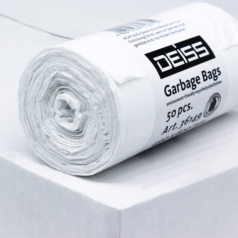 A roll of DEISS LDPE garbage bags 30 liters, with the brand EMIL DEISS KG (GmbH + Co.), a label with the quantity indication of 50 pieces and presented on a white background, displays the environmentally conscious recycling LDPE film made from environmentally friendly, recycled polyethylene material.