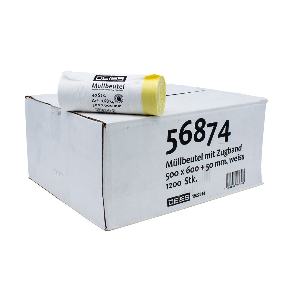 In a large white box labeled "DEISS Trash Bags 56874" from the company EMIL DEISS KG (GmbH + Co.), there are 1200 white trash bags with a capacity of 30 liters each. An overlying, smaller roll bears the same label and the same information and highlights practical drawstrings for easy handling.