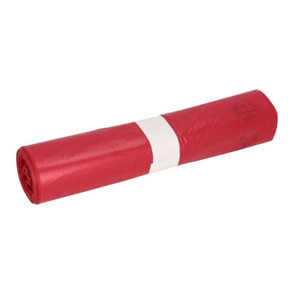 A side view of the DEISS trash bag 120 liters type 60, 21054 in red, wrapped in the middle with a white paper band, enhances your waste management experience with a premium feel and the sustainable recycled LDPE material option from EMIL DEISS KG (GmbH + Co.).