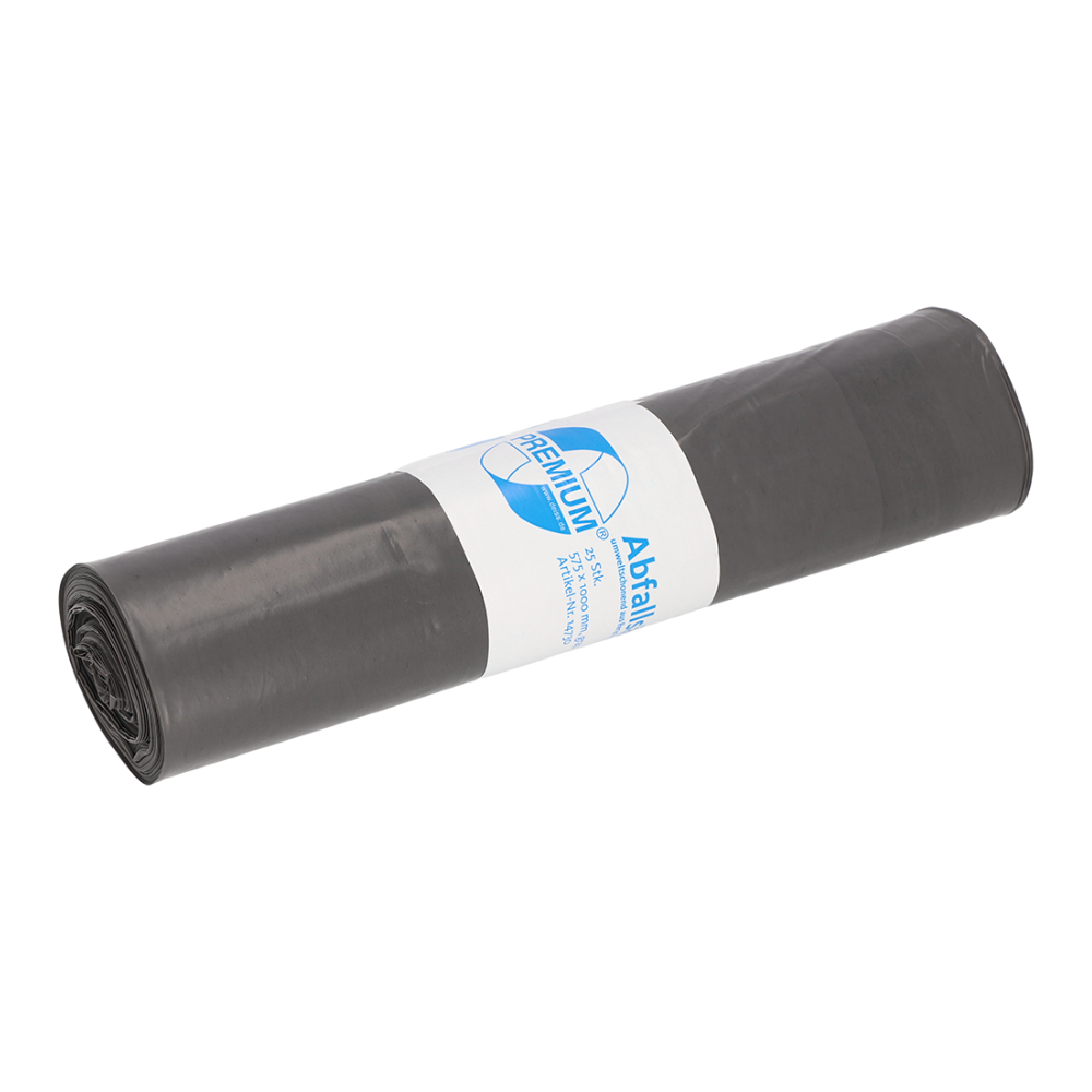 The garbage bag roll "DEISS Premium Garbage Bags made of LDPE", model 14730 with a capacity of 70 liters from the company EMIL DEISS KG (GmbH + Co.), is provided with a white label with printed text in the middle.