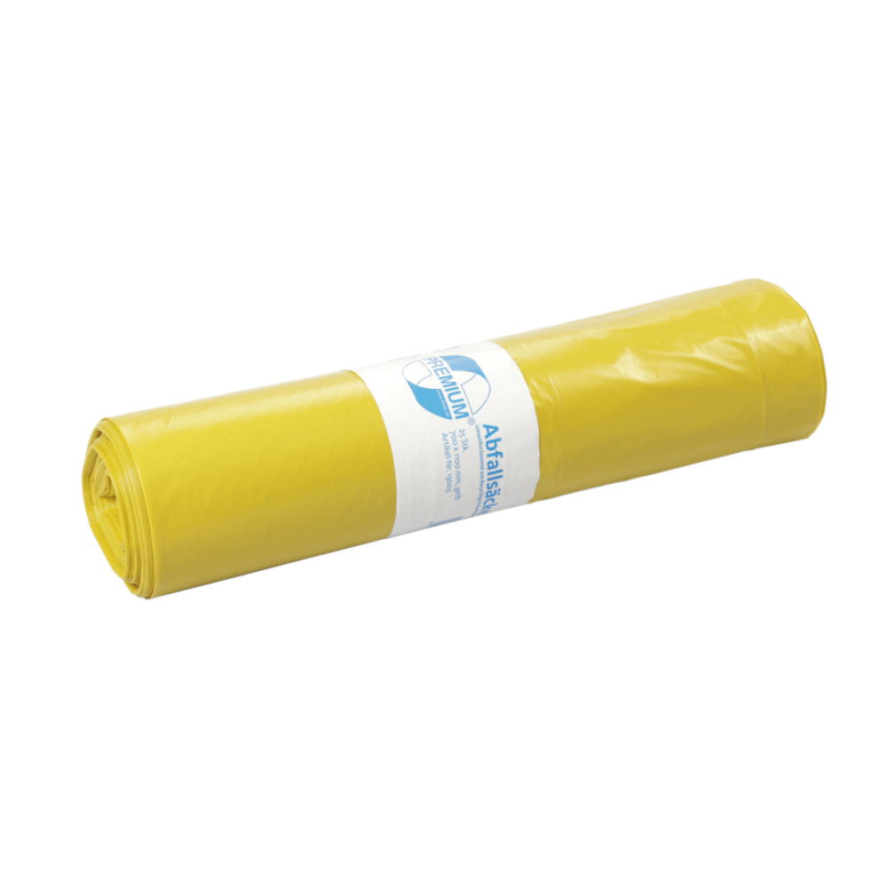 A roll of DEISS Premium® Type 100 garbage bags 13003 with a capacity of 120 liters is neatly packaged and has a white-blue label in the middle. Positioned horizontally on a white background, these garbage bags from EMIL DEISS KG (GmbH + Co.) emphasize their reliability as a versatile recyclable material.