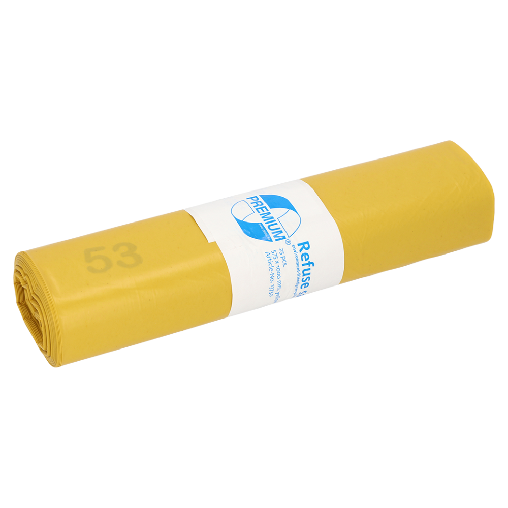 A yellow garbage bag from the DEISS Premium 13730 line, known for its high tear resistance, features a white band with a blue logo and the word “Premium.” The number 53 is printed on the outer layer, emphasizing the high recycling quality of the material. The product from EMIL DEISS KG (GmbH + Co.) is delivered in rolls of 25 bags, measures 575x1000 mm, is made of LDPE, and has a capacity of 70 liters.