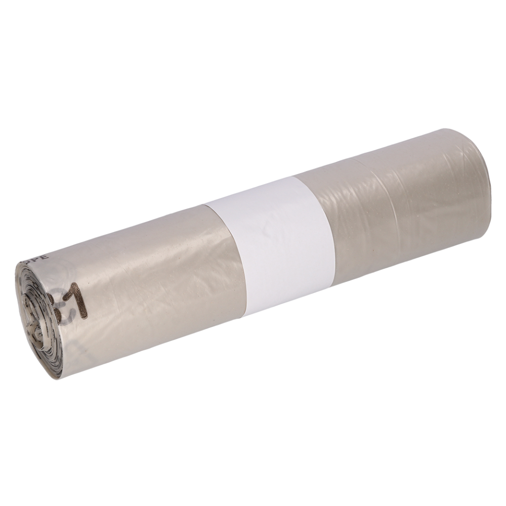 A rolled set of transparent DEISS 29720 garbage bags from EMIL DEISS KG (GmbH + Co.), wrapped with a white band, ideal for efficient waste management.