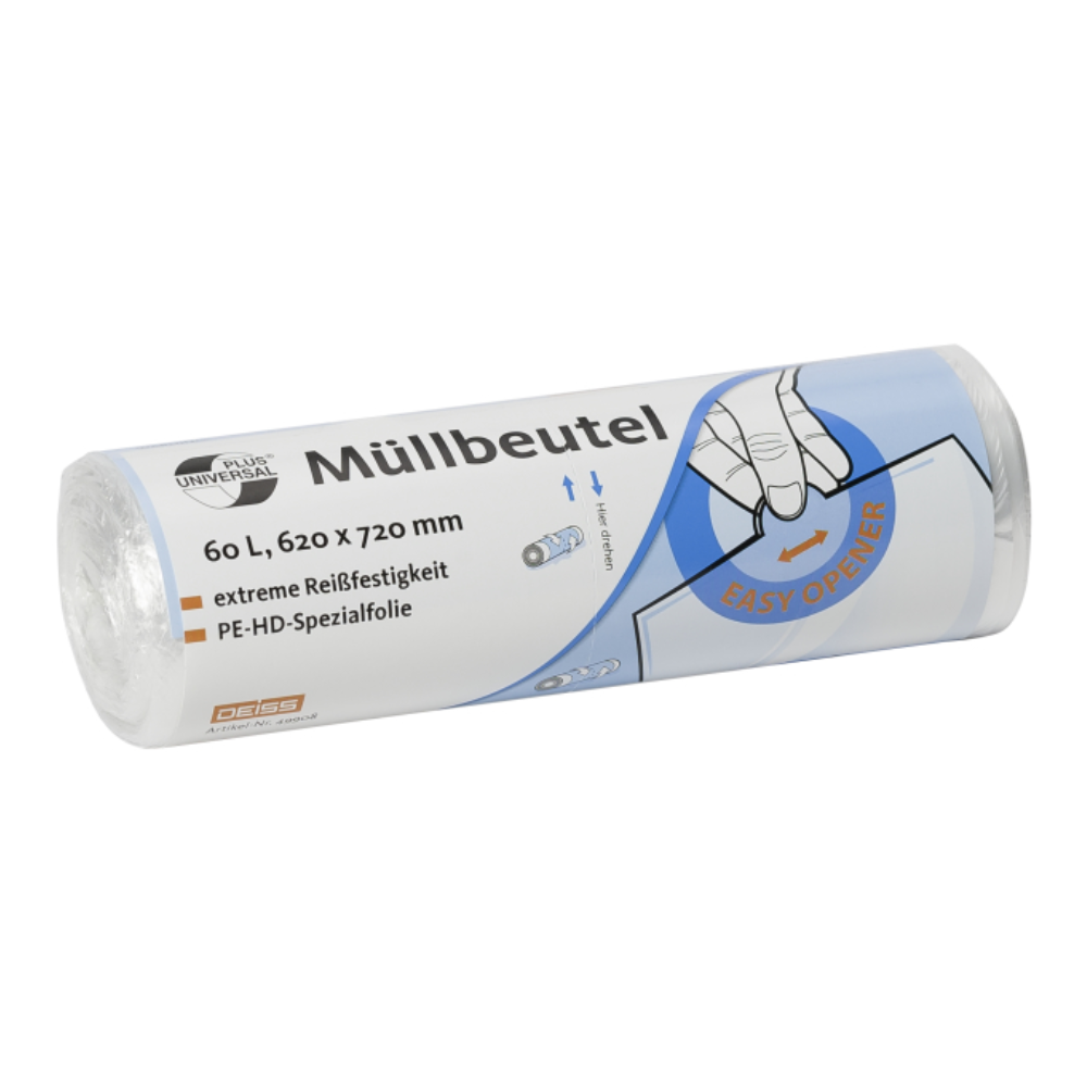 We present to you the DEISS 46920 from EMIL DEISS KG (GmbH + Co.), a roll of trash bags measuring 630 x 850 mm. Each roll contains 40 bags with the label "Müllbeutel" in German, offering exceptional tear resistance thanks to the special PE-HD film. These climate-neutralized trash bags also feature an easy-to-open design and provide a sustainable solution for your waste disposal needs.