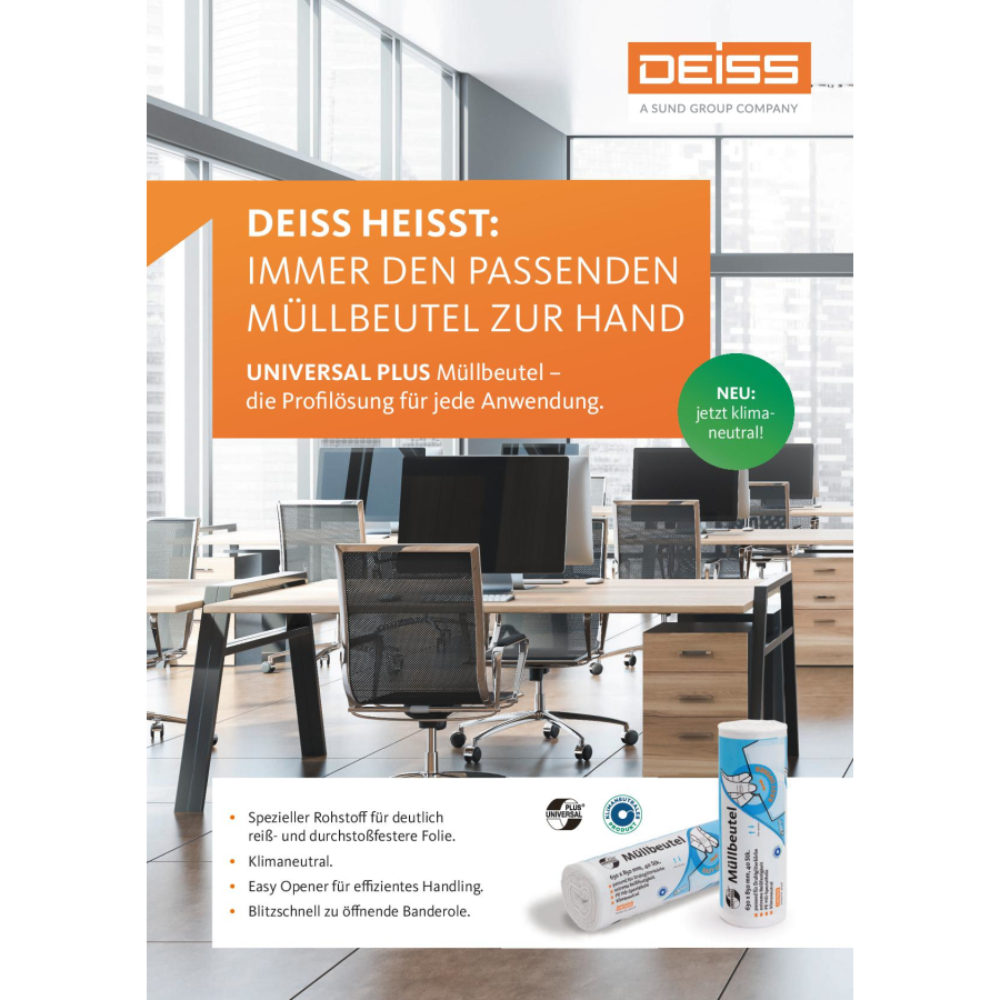 An advertising poster for the DEISS 46920 trash bags from EMIL DEISS KG, shown in a modern office environment. The text highlights the UNIVERSAL PLUS series, known for its user-friendly design and quick access features. At the bottom right of the poster, two rolls of these climate-neutral bags are shown, emphasizing their status as climate-neutralized trash bags and a sustainable choice.