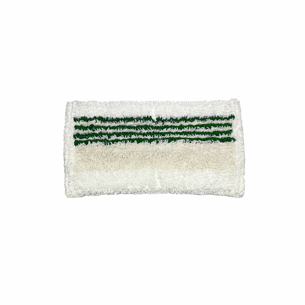 The Arcora Doppelmopp 2.0 Micro-Plus with Microrand 40 cm from Arcora International GmbH is a rectangular white mop with a beige middle stripe and three green lines, showcasing the innovative Microrand technology on a plain white background.