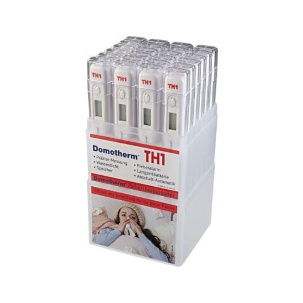 A digital thermometer | Package (1 piece) from Meditrade GmbH is presented in a transparent plastic holder. The packaging highlights features such as fever alarm and waterproof design, and on the front label, a picture shows the precise temperature measurement functions.