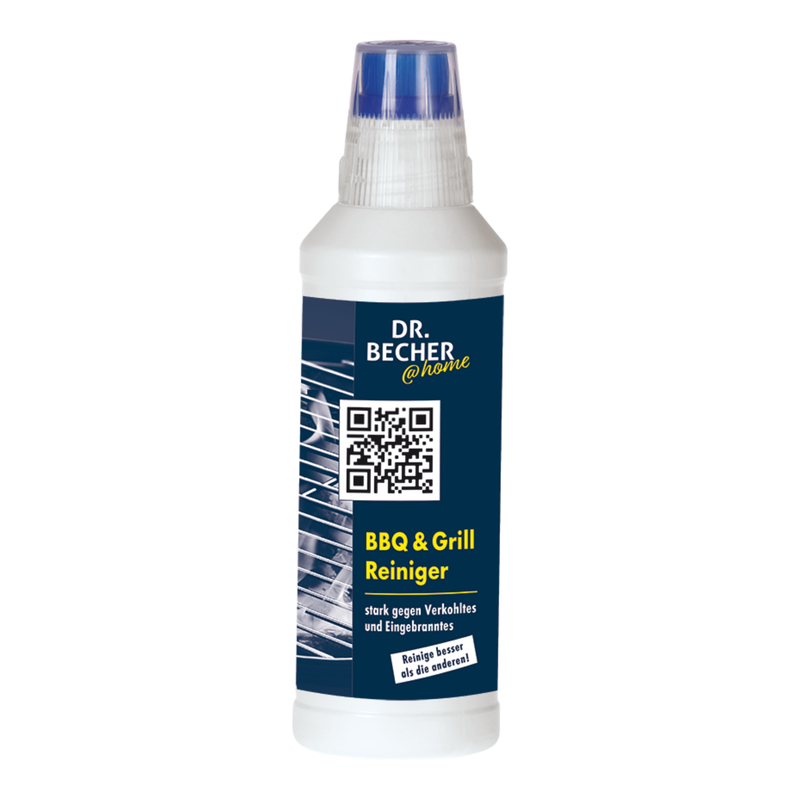 A white bottle with a blue label featuring the brand "Dr. Becher GmbH". The label contains a QR code and the text "DR.BECHER @home BBQ & Grill Cleaner Gel | Bottle (500 ml)" in yellow, highlighting its effectiveness as a grill grate cleaner against burnt-on residues and heavy dirt.