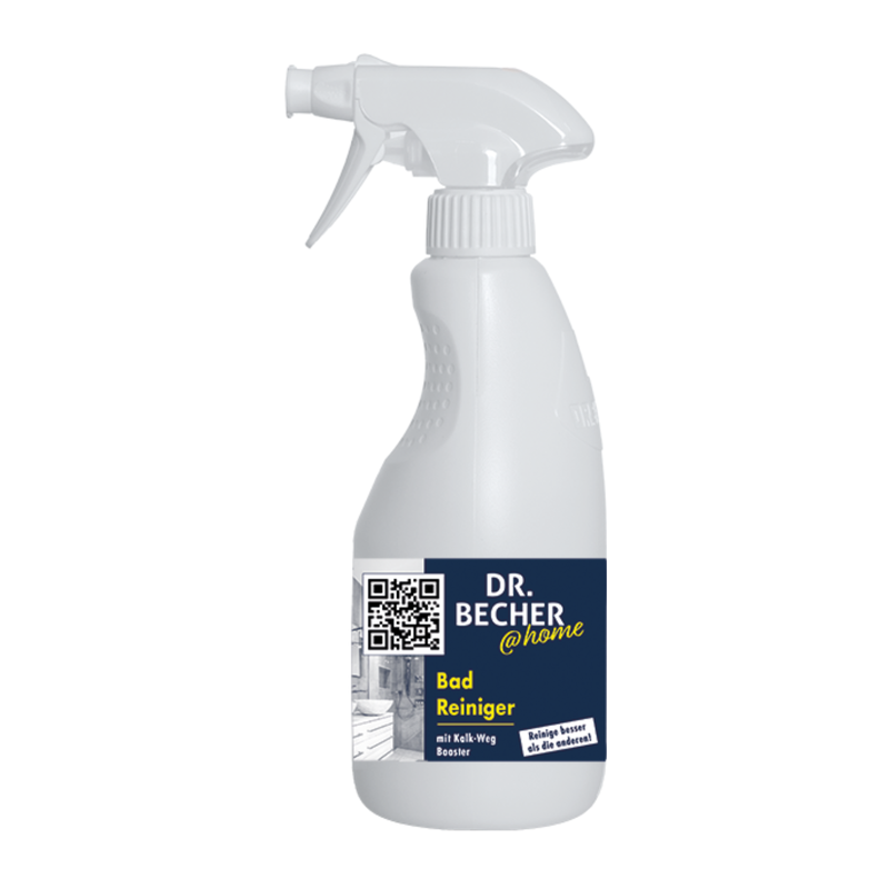 A white spray bottle with the label “DR.BECHER @home Bathroom Cleaner | Bottle (500 ml)” and a dark blue and yellow label. The label contains a QR code, an image of a bathroom, and German text indicating that it is a highly effective bathroom cleaner against lime and water stains. The bottle features a spray nozzle from Dr. Becher GmbH.