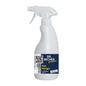 A white spray bottle with the label “DR.BECHER @home Bathroom Cleaner | Bottle (500 ml)” and a dark blue and yellow label. The label contains a QR code, an image of a bathroom, and German text indicating that it is a highly effective bathroom cleaner against lime and water stains. The bottle features a spray nozzle from Dr. Becher GmbH.