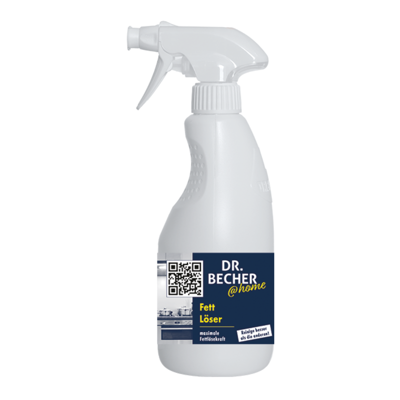 A white plastic spray bottle from Dr. Becher GmbH DR.BECHER @home Grease Remover | Bottle (500 ml) labeled "Oil and Grease Remover". The label is mainly blue with some white and gray accents and features a QR code and a small black and white image of a kitchen. Ideal for water and alkali resistant surfaces.