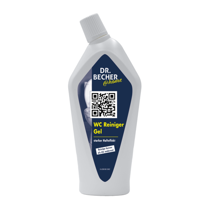 A bottle of DR.BECHER @home toilet cleaner gel | Pictured is a bottle (750 ml) from Dr. Becher GmbH. The label is blue and white and features a QR code and yellow text with the notes "strong adhesion effect" and "acid-based for the extreme." The bottle has a white cap tilted to the side, promising hygienic shine even with stubborn dirt.