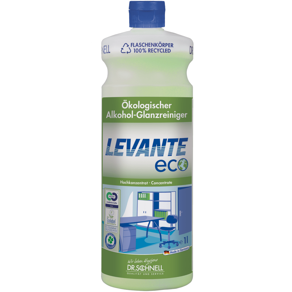 A bottle of Dr. Schnell LEVANTE ECO from DR.SCHNELL GmbH & Co. KGaA, with a green label and blue cap, shows images of a clean office. The highly concentrated formula is made from recycled plastic and ensures environmentally friendly cleaning.