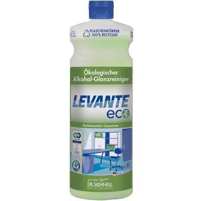 A bottle of Dr. Schnell LEVANTE ECO from DR.SCHNELL GmbH & Co. KGaA, with a green label and blue cap, shows images of a clean office. The highly concentrated formula is made from recycled plastic and ensures environmentally friendly cleaning.
