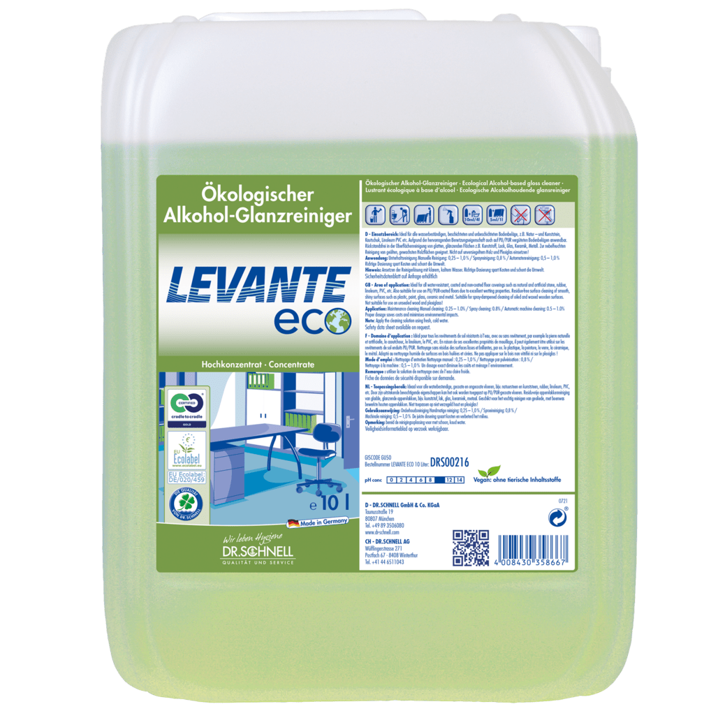 A 10-liter translucent container of Dr. Schnell LEVANTE ECO from DR.SCHNELL GmbH & Co. KGaA shows the green liquid inside. The German label displays product information and images of a clean office, highlighting the environmentally friendly application.