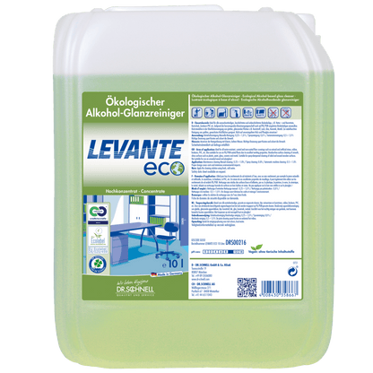 A 10-liter translucent container of Dr. Schnell LEVANTE ECO from DR.SCHNELL GmbH & Co. KGaA shows the green liquid inside. The German label displays product information and images of a clean office, highlighting the environmentally friendly application.