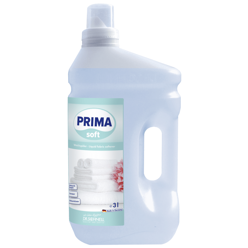 Dr. Schnell PRIMA SOFT von DR.SCHNELL GmbH & Co. KGaA ist ein flüssiger 3-Liter-Weichspüler in einer klaren Kunststoffflasche mit weißem Verschluss, integriertem Griff und einem Etikett mit gefalteten Handtüchern und einer rosa Blume - ideal für den professionellen Einsatz.