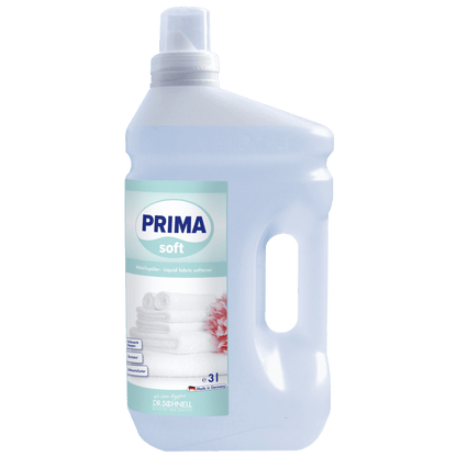 Dr. Schnell PRIMA SOFT von DR.SCHNELL GmbH & Co. KGaA ist ein flüssiger 3-Liter-Weichspüler in einer klaren Kunststoffflasche mit weißem Verschluss, integriertem Griff und einem Etikett mit gefalteten Handtüchern und einer rosa Blume - ideal für den professionellen Einsatz.