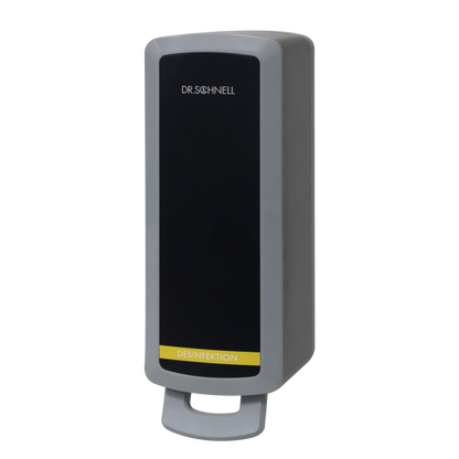 Der Dr. Schnell Spender V10N von DR.SCHNELL GmbH & Co. KGaA ist ein wandmontierter grau-schwarzer Spender mit der Aufschrift "DR. SCHNELL" mit einem gelben "DESINFEKTION"-Streifen für den hygienischen Einsatz von Reinigungs- und Desinfektionsmitteln.