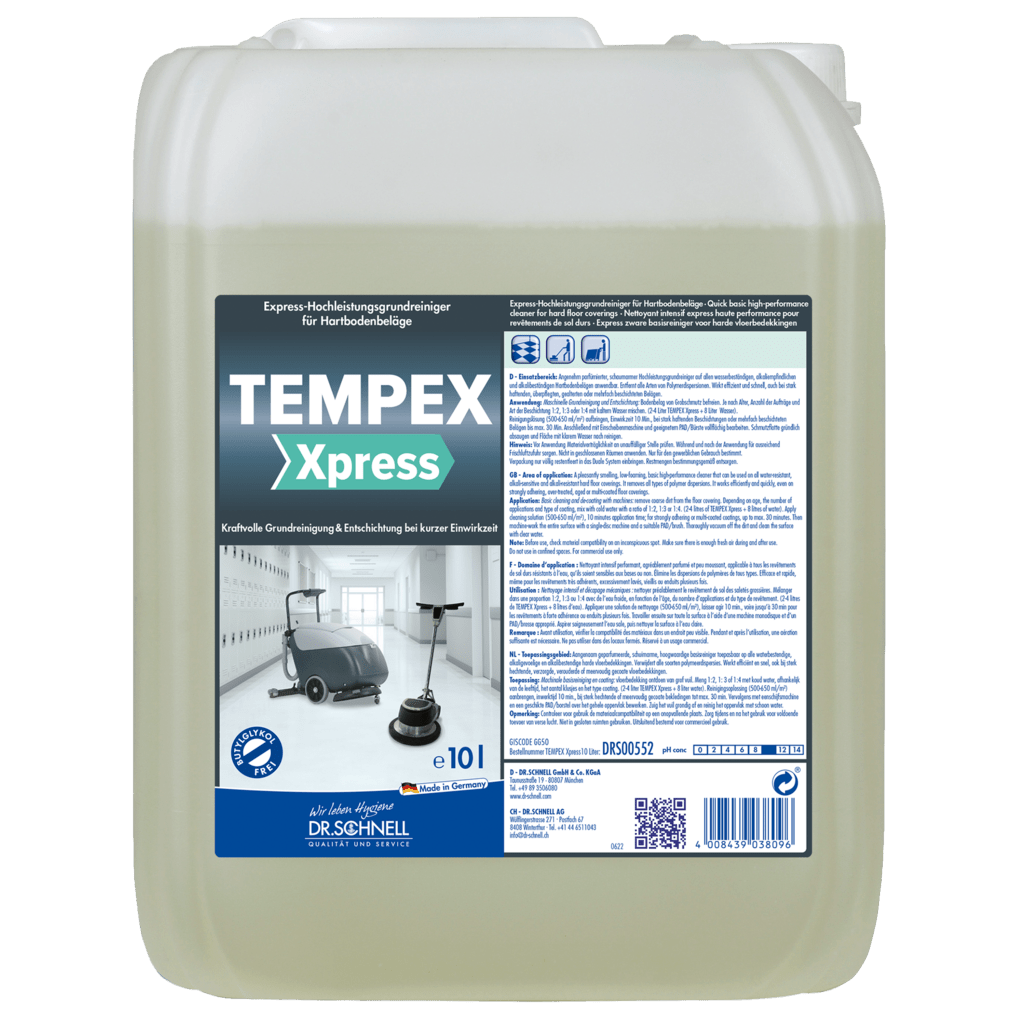 A 10-liter plastic canister of the Dr. Schnell TEMPEX XPRESS express high-performance cleaner for hard floors by DR.SCHNELL GmbH & Co. KGaA, labeled with instructions, safety symbols, and images of cleaning machines - ideal for professional use.
