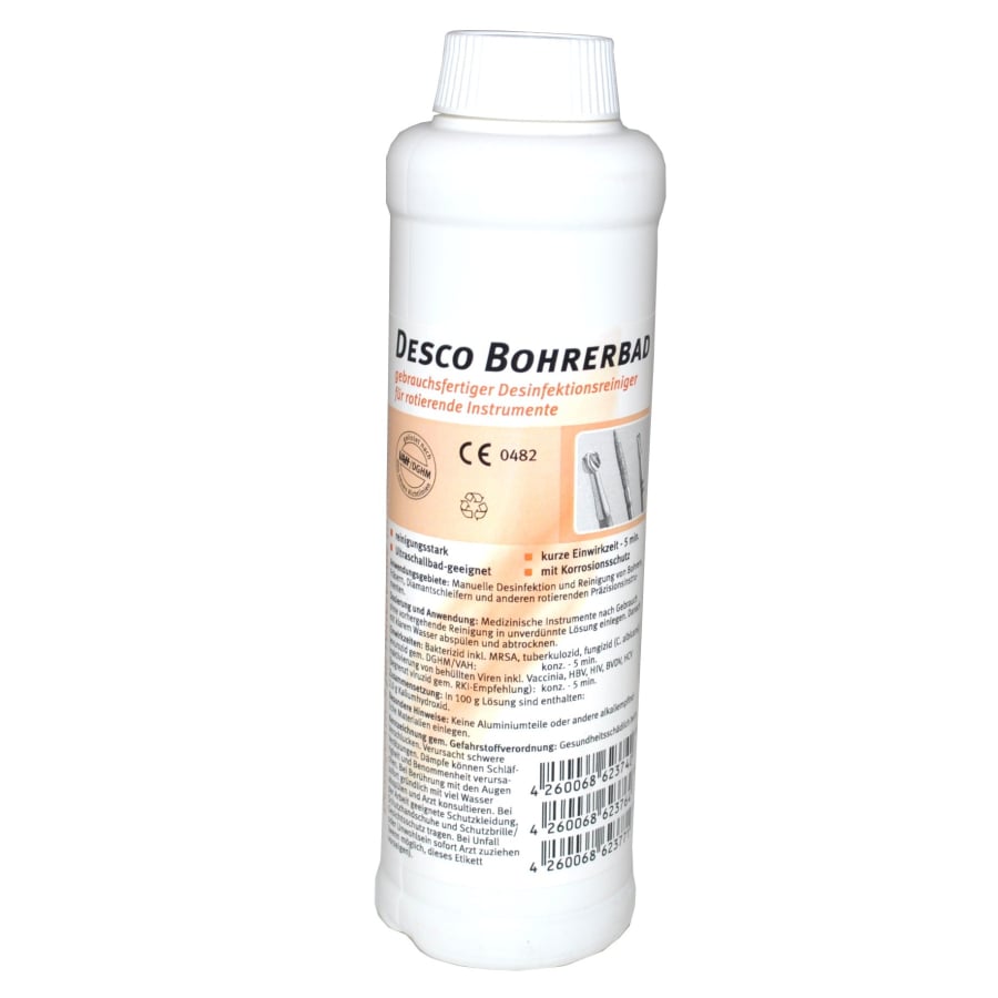 A white 250 ml plastic bottle labeled "Dr. Schumacher DESCO BOHRERBAD" by Dr. Schumacher GmbH, with German text and orange accents; it is a cleaning and disinfecting solution for medical instruments.