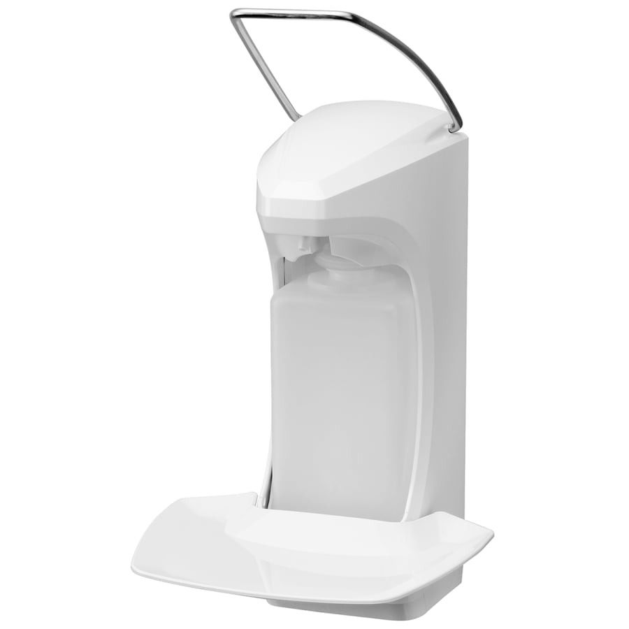 The Dr. Schumacher RX5 wall dispenser is a white, wall-mounted dispenser with a top lever and drip tray, suitable for liquid soap or Dr. Schumacher disinfectant - perfect for public or commercial restrooms.