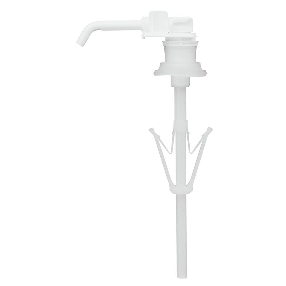 The Dr. Schumacher GmbH disposable pump RX5M plastic (1 piece) is a white plastic dispenser with a long hose and spout, ideal for the hygienic dispensing of liquids from large containers.