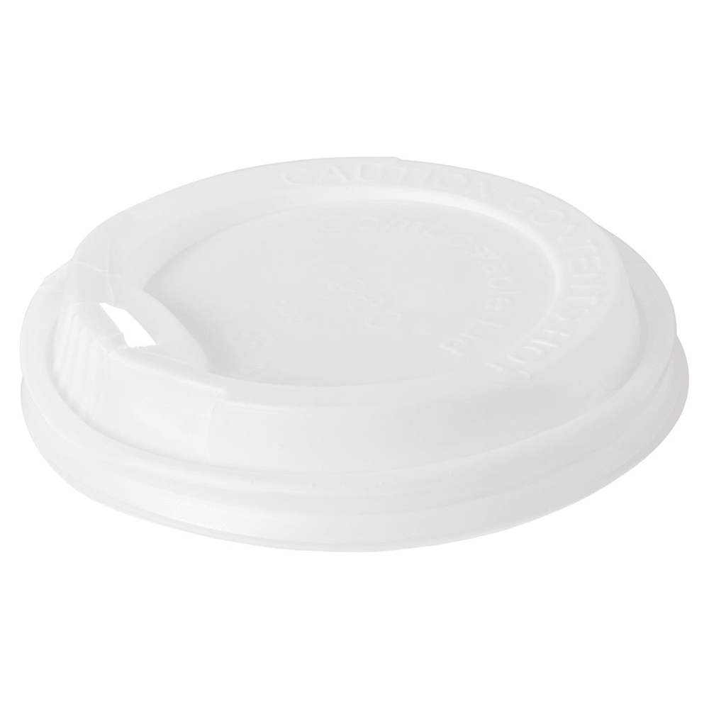 A white CPLA disposable coffee cup lid with a drinking opening and embossed warning notice, ideal for hot drinks, is available from Duni GmbH under the name "Lid for 170701/170634/182847 24 cl White" in a pack of 40.