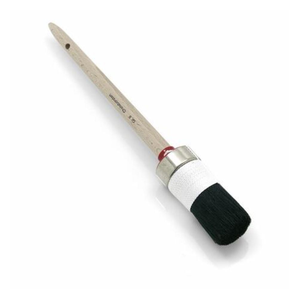 The Nölle Profi Brush painter's round brush features a wooden handle with a hole for hanging, natural bristles, and a metal ferrule partially wrapped with white tape, providing professional quality performance.