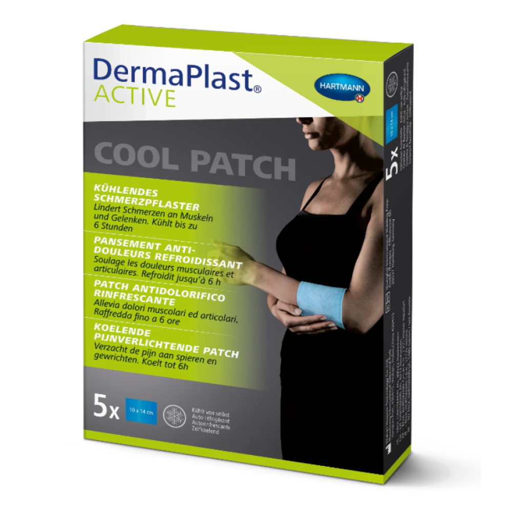 A pack of DermaPlast® ACTIVE Cool Patch self-cooling cooling plaster (10 x 14 cm, 1 piece) from Paul Hartmann AG for pain relief, shows a woman applying the blue plaster to her forearm. Multilingual packaging.