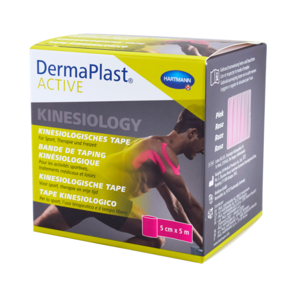 A box of DermaPlast® ACTIVE Kinesiology Tape from Paul Hartmann AG. The packaging shows a runner applying sports tape to their shoulder. The box is labeled with product details and usage instructions.