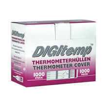 A box of Digitemp thermometer covers with lubricant - 1000 pieces from Servoprax GmbH with the label "THERMOMETER COVERS" contains 1000 hygienic covers for digital thermometers. The bright packaging changes from white to purple and ensures a clean and safe experience with PVC-free materials.