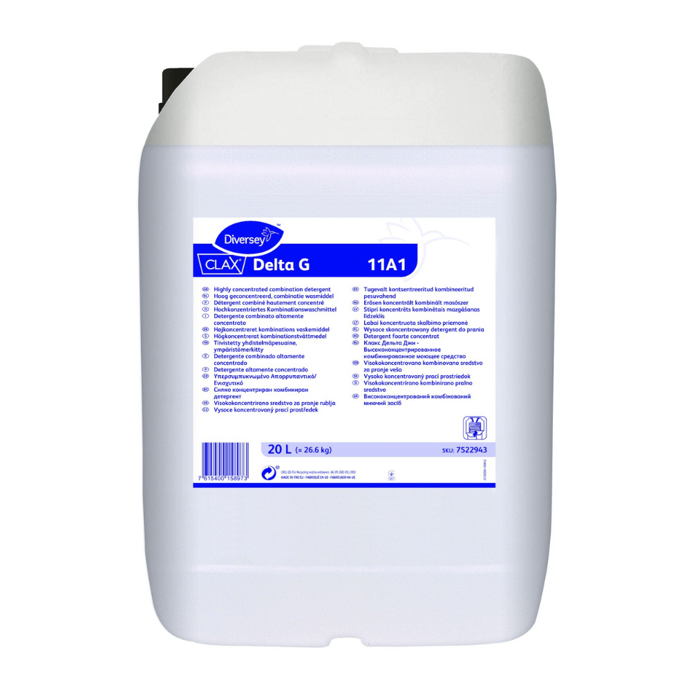 A 20-liter canister of Clax Delta G 11A1, a highly concentrated combination detergent for colored laundry from Diversey Deutschland GmbH & Co. OHG. The label designed for professional laundries contains instructions and safety information in multiple languages. The container is white with blue and violet text.