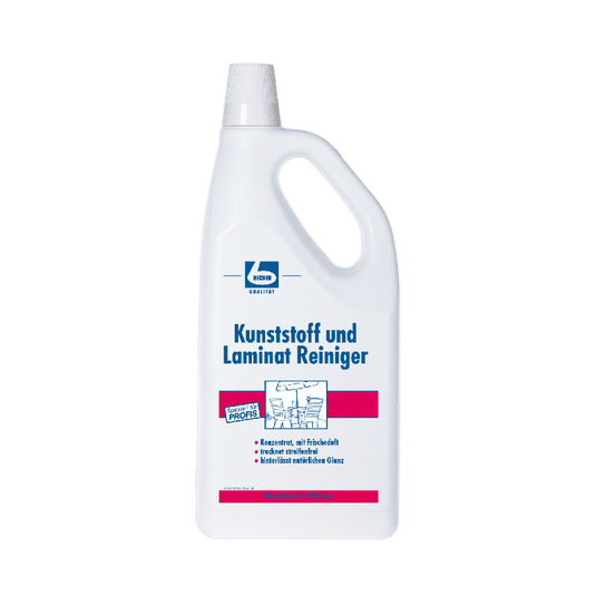 A plastic bottle with Dr. Becher plastic and laminate cleaner - 2 liters, a cleaning product with a label featuring text and a diagram showing the cleaning application, mainly in blue and pink colors. This formula offers a strong