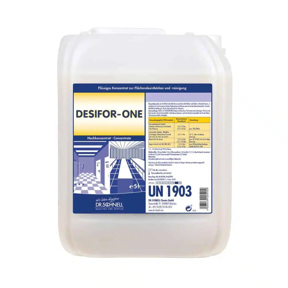 A 5L DR.SCHNELL GmbH & Co. KGaA canister labeled "Dr. Schnell Desifor-One Surface Disinfection, limited virucidal PLUS", with German safety information, blue/white/yellow blocks, and a tile floor graphic on the front label.