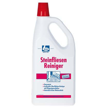 A white plastic bottle "Dr. Becher Tile Cleaner" with a red cap and red-blue label is intended for cleaning stone tiles. The label emphasizes professional quality and surface protection.
