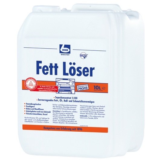 White plastic canister with the inscription "Dr. Becher Grease Remover", product information and logos in blue and red. Marked with a capacity of 10 liters. Safety and usage instructions.