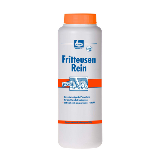 A white plastic bottle with an orange cap labeled "Dr. Becher Fritteusen Rei, Powder" from Dr. Becher GmbH with blue-orange graphics as a professional powdered intensive deep fryer cleaner for removing burnt-in grease.