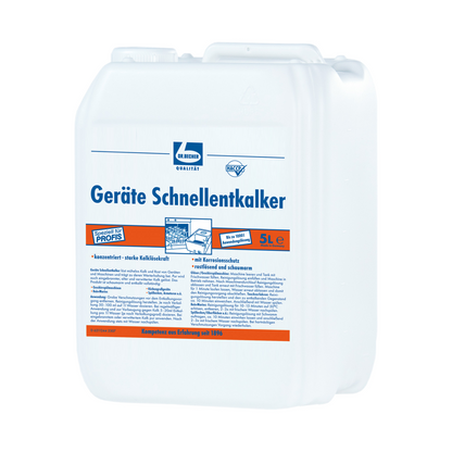 A 5-liter container made of white plastic with "Dr. Becher Device Quick Descaler", a German device descaler from Dr. Becher GmbH, with blue and orange brand printing and text with detailed information on product usage.