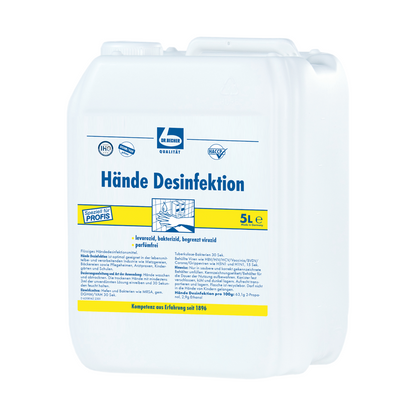 White 5-liter plastic canister with the label „Dr. Becher Hand Disinfection“ and blue and yellow branding, including text and symbols highlighting the virucidal properties of the hand disinfection by Dr. Becher GmbH.
