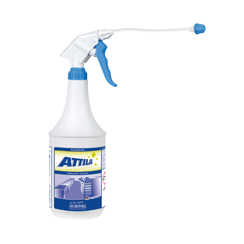 A plastic spray bottle labeled "Dr. Schnell ATTILA THE CRUST BREAKER" by the brand DR.SCHNELL GmbH & Co. KGaA has a white body with blue accents. It features a long tube attached to the nozzle, making it perfect for tackling burnt-on residues on surfaces. The label includes images indicating that it is ideal for cleaning kitchen and food processing equipment.