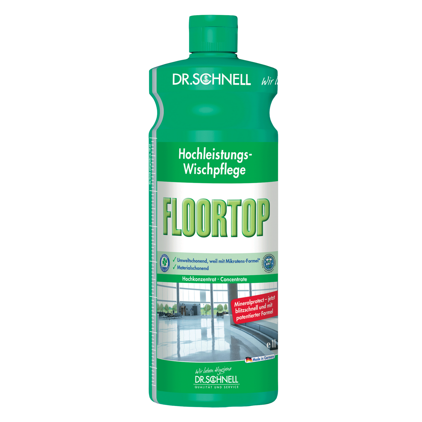 Against a white background stands a green bottle of Dr. Schnell's Floortop, Floor Cleaner Concentrate, manufactured by DR.SCHNELL GmbH & Co. KGaA. The label emphasizes its high performance as an environmentally friendly floor cleaner with a mint scent, ideal for water-resistant flooring.