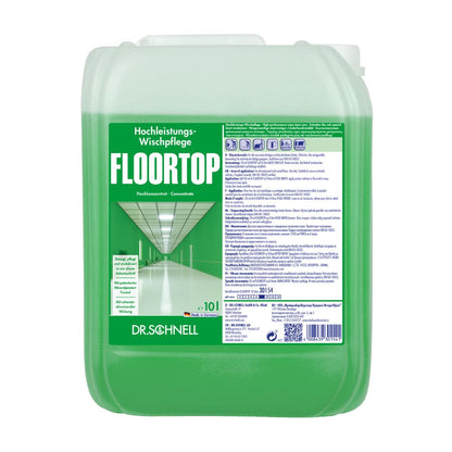 A green 10-liter container of Dr. Schnell Floortop, Floor Cleaner Concentrate from DR.SCHNELL GmbH & Co. KGaA is equipped with a label featuring a stylized corridor image, product instructions, and German text. The liquid inside is ideal for cleaning water-resistant flooring and has an attractive green hue.