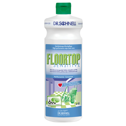 A white plastic bottle of Dr. Schnell Floortop Sensitive, high-performance floor cleaner, fragrance-free from DR.SCHNELL GmbH & Co. KGaA with a green cap and a blue-green-white label with cleaning graphics and cleaning care information.