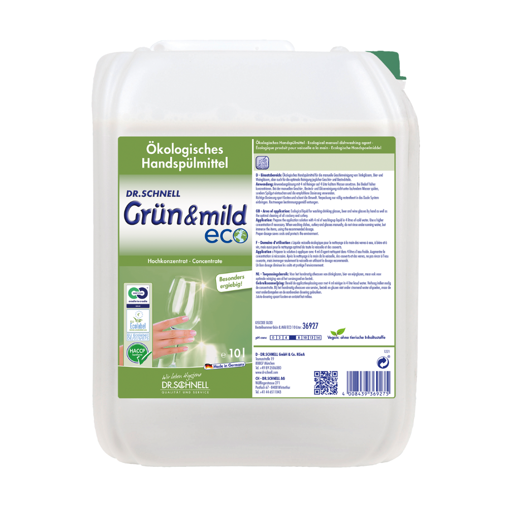 A white container labeled "Dr. Schnell GRÜN & MILD ECO economical ecological hand dishwashing detergent" by DR.SCHNELL GmbH & Co. KGaA displays product details, certifications such as the HACCP certification, and a wine glass graphic. This mild hand dishwashing detergent container holds 10 liters of liquid.