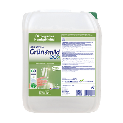 A white container labeled "Dr. Schnell GRÜN & MILD ECO economical ecological hand dishwashing detergent" by DR.SCHNELL GmbH & Co. KGaA displays product details, certifications such as the HACCP certification, and a wine glass graphic. This mild hand dishwashing detergent container holds 10 liters of liquid.