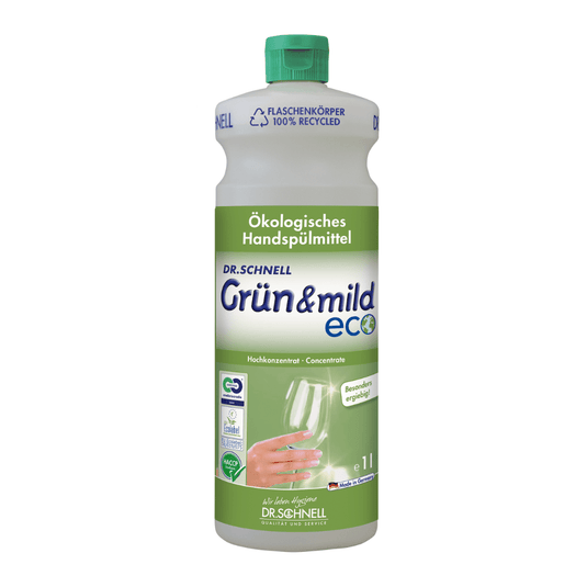 Dr. Schnell GRÜN & MILD ECO, a high-yield, eco-friendly hand dish soap, is available in a white-and-green plastic bottle. The label shows a hand washing a wine glass and features German text highlighting the product’s eco-friendly benefits and skin-friendly properties. The bottle, manufactured by DR.SCHNELL GmbH & Co. KGaA, has a green cap with HACCP certification.