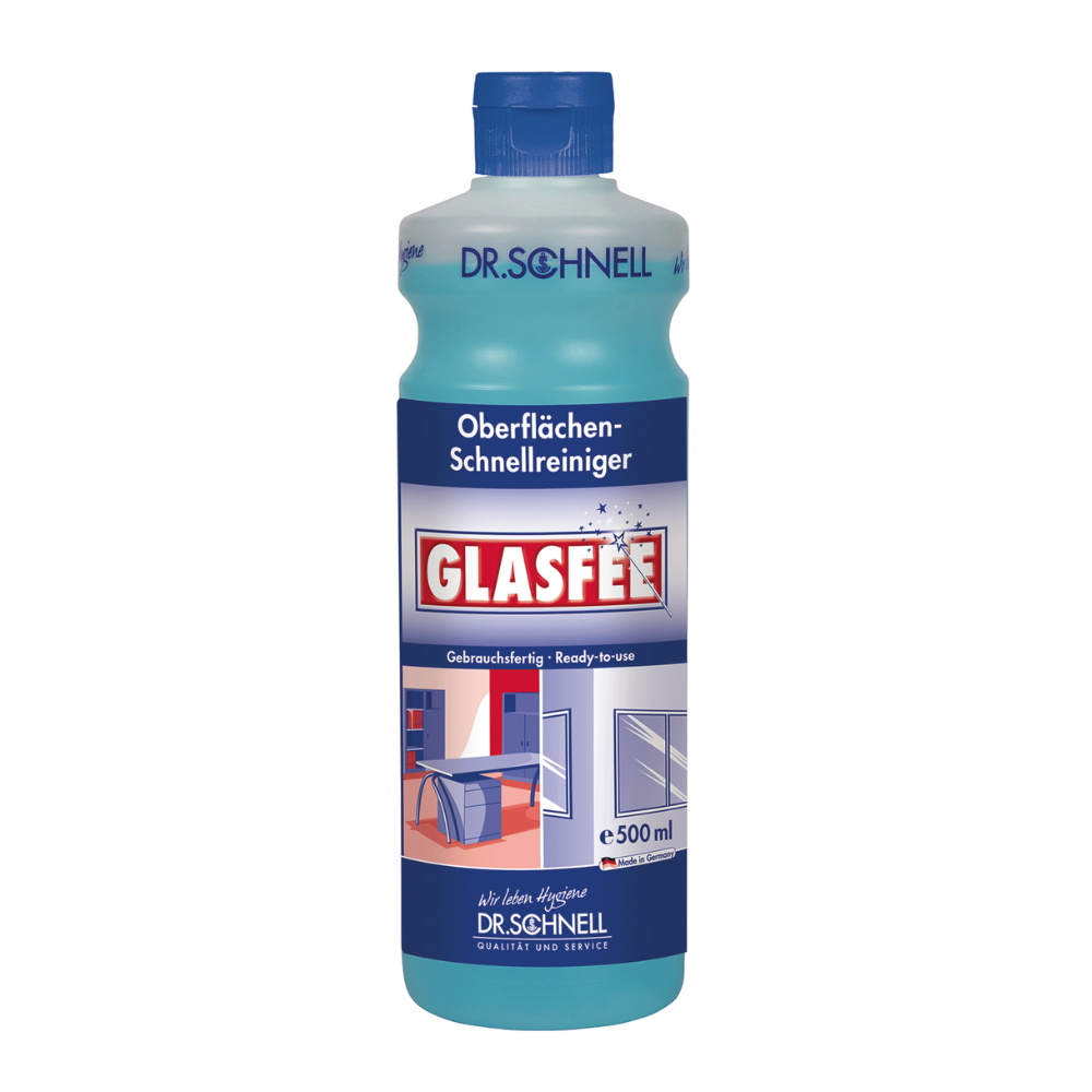Depicted is a 500 ml bottle of Dr. Schnell GlasFee glass cleaner from DR.SCHNELL GmbH & Co. KGaA. The blue packaging is equipped with a label that contains a surface cleaning guide in German and English, adorned with illustrations of surfaces to be cleaned, and is completed with a light blue cap that complements the overall design.