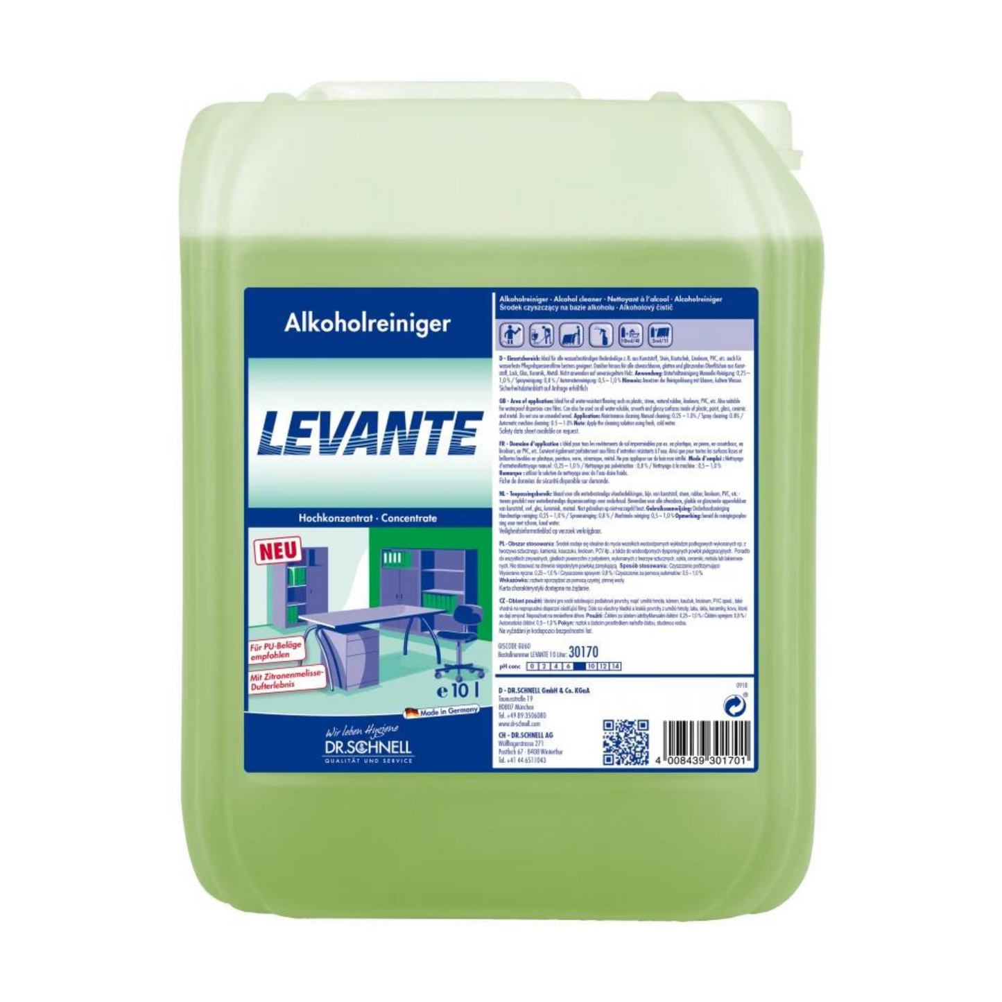 A large, green plastic container labeled "Dr. Schnell Levante Alcohol Shine Cleaner, Concentrate" from DR.SCHNELL GmbH & Co. KGaA is used for effective surface cleaning. The label contains instructions and safety information in multiple languages and features a practical carrying handle for easy transport.